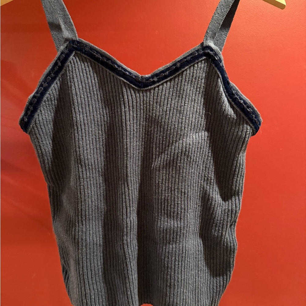 Blue Ribbed Tank top with navy trim